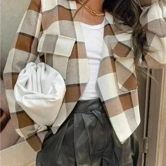 Tibi Dylan Plaid Cream Cropped Jacket Blazer in Ivory Camel Size 12 - Picture 16 of 16